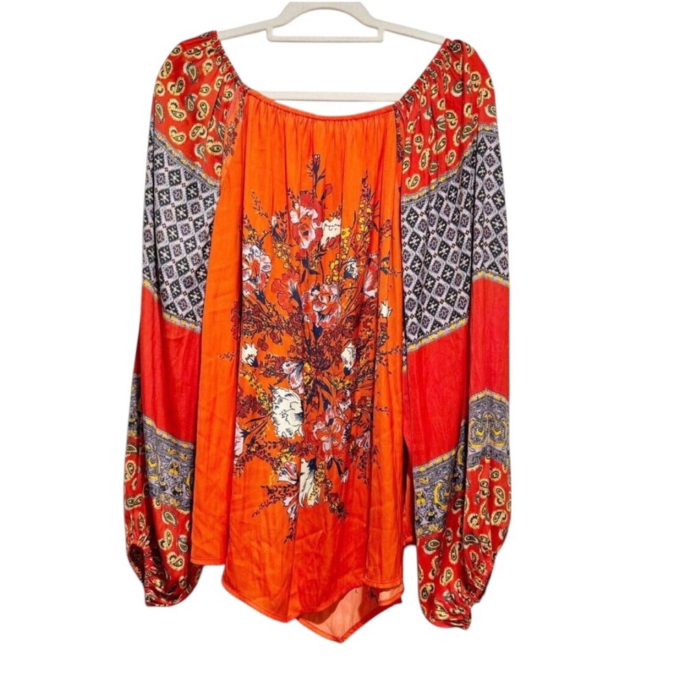 Free People Positano Boho Printed Floral Balloon Sleeve Blouse Top Size Small - Picture 3 of 14